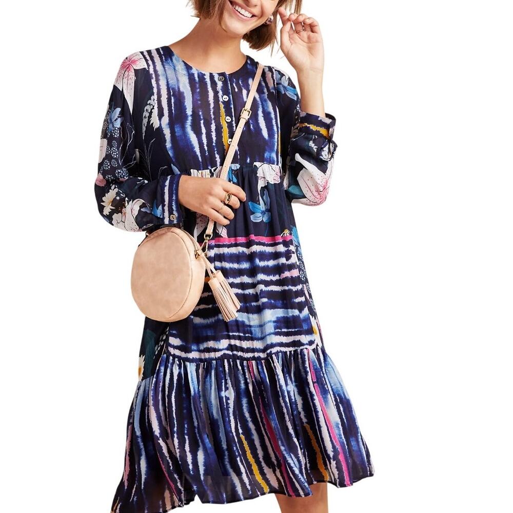 Bl-nk London Anthropologie Meridian Navy Floral Stripe Long Sleeve Tunic Dress